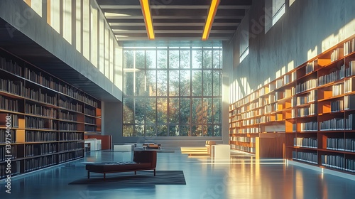 Obraz na płótnie Stylish library interior featuring large glass windows high resolution picture w salonie