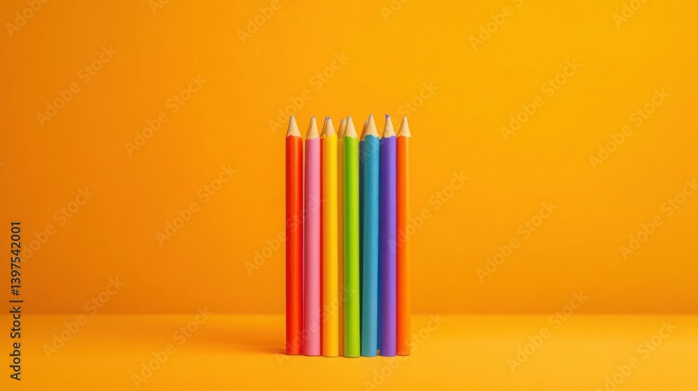 Fototapeta premium Colorful pencils arranged on bright yellow background for creativity