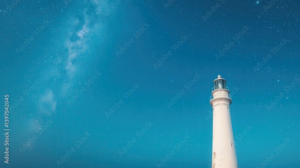 White Lighthouse Illuminated Against a Starry Night Sky with Deep Blue Tone and Celestial Beauty and Cosmic View