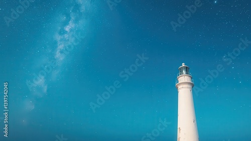 Obraz na płótnie White Lighthouse Illuminated Against a Starry Night Sky with Deep Blue Tone and Celestial Beauty and Cosmic View w salonie