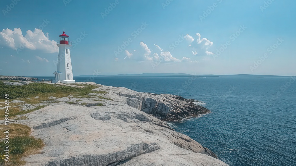 White Lighthouse on Rocky Coastline under a Blue Sky