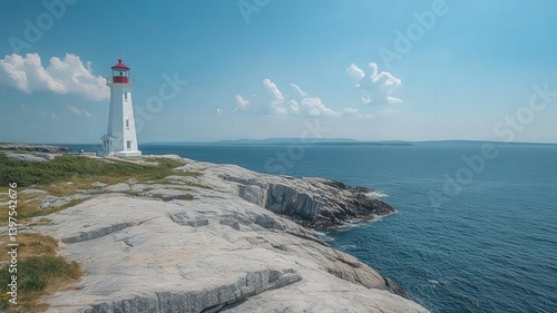 Obraz na płótnie White Lighthouse on Rocky Coastline under a Blue Sky w salonie