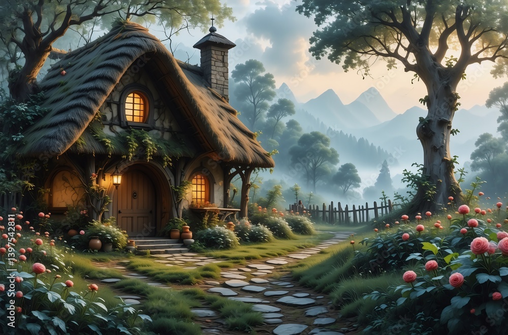 Fototapeta premium A charming thatched cottage nestled in a lush, misty forest at dawn. A stone path leads to its inviting wooden door, mountains loom in the background.
