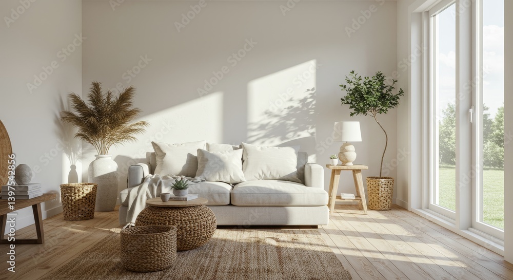 Naklejka premium Light and Airy Living Room with Natural Textures - Calm, serene living space. Natural light, organic textures, cozy comfort, minimalist design, peaceful atmosphere
