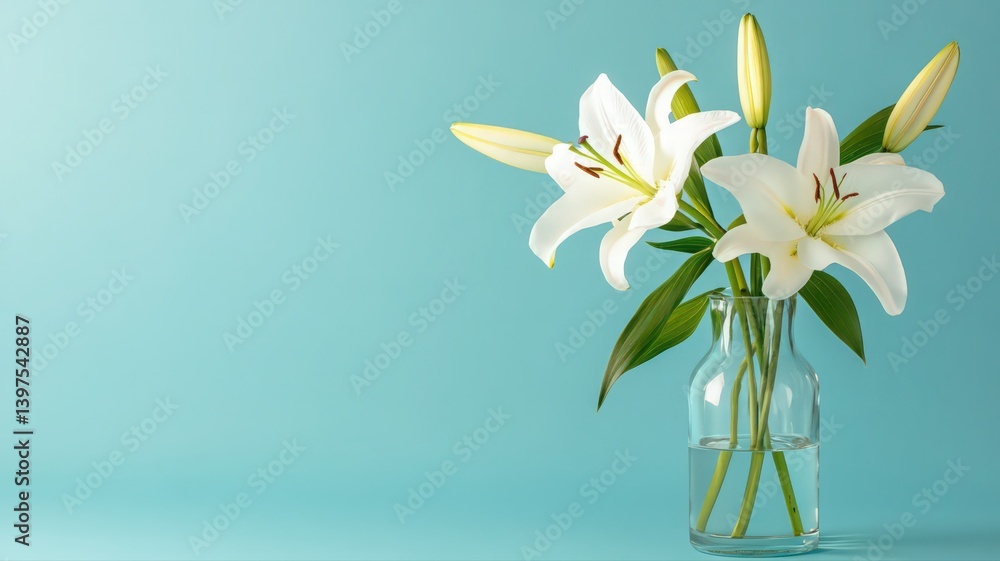 White Lilies in Clear Glass Vase Against Light Blue Background