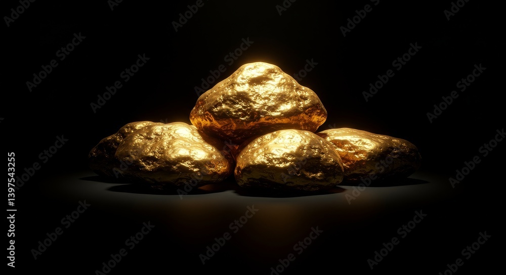 Luminous Gold Nuggets - Close-up view of several glistening gold nuggets, illuminated against a dark background. The texture and weight of the gold are emphasized Luminous Gold Nuggets - Close-up view of several glistening gold nuggets, illuminated against a dark background. The texture and weight of the gold are emphasized
