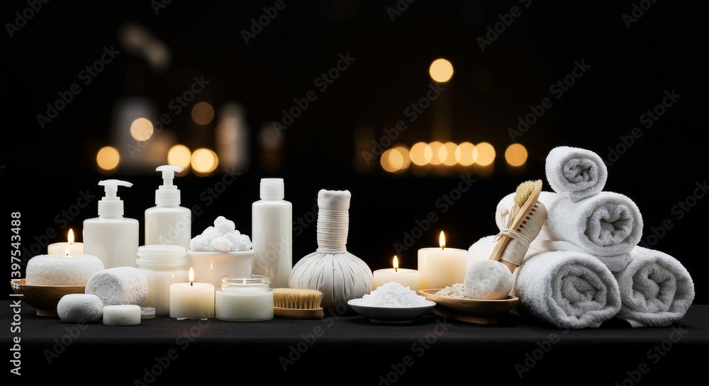 Luxurious Spa Treatment Setup - Serene spa setting with candles, towels, lotions, and herbal compress. Perfect for relaxation and wellness