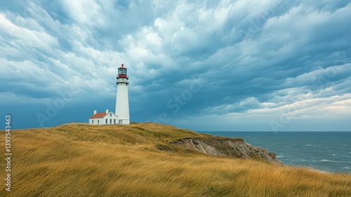 White Lighthouse with Red Top Under Stormy Sky Overlooking Ocean at Coastal Landscape with Green Field in Tranquil Weather and Sunlight