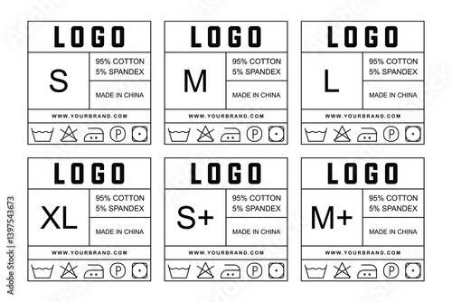 Modern Apparel Label Tag Template Set with Size Variants and Washing Instructions. Printable and Editable for Fashion Branding
