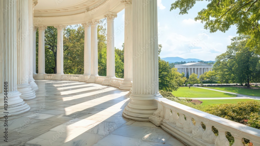 White Marble Columns with Lush Green Park View on Sunny Day