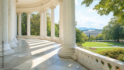 White Marble Columns with Lush Green Park View on Sunny Day