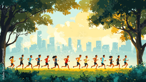 Vector illustration of a group of people running in a city park on a sunny day. Urban fitness activity surrounded by trees, skyline in the background, representing health and community energy