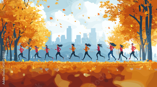 Vector illustration of a group of women running in an autumn park with colorful foliage, fallen leaves, and a distant city skyline under a bright, clear sky. Outdoor fitness and wellness theme
