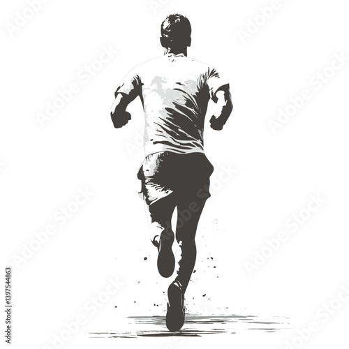 Black and white vector illustration of a man running, back view, with dynamic motion effect on a white background. Minimalist and energetic style