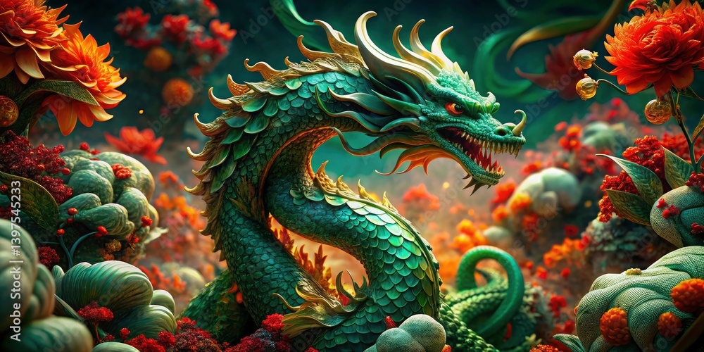 Surreal Green Jade Dragon Red Floral Background - Fantasy Art, Digital Painting, Mythical Creature, Chinese Dragon, Artistic Photography Surreal Green Jade Dragon Red Floral Background - Fantasy Art, Digital Painting, Mythical Creature, Chinese Dragon, Artistic Photography