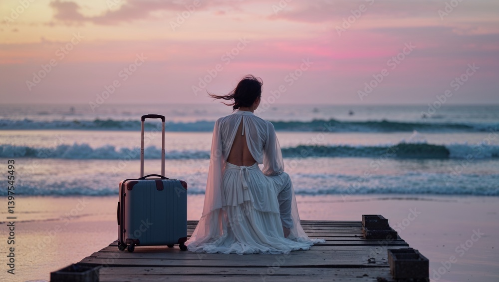Fototapeta premium Woman in Blue Dress Sitting by Luggage at Sunset on Wooden Pier