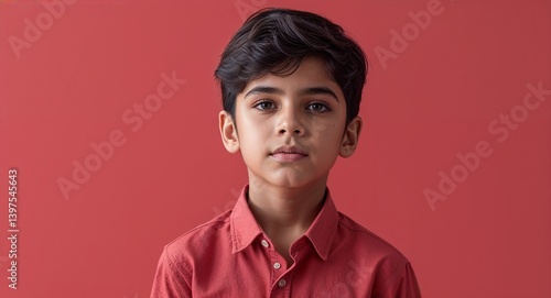 latin Hispanic kid boy on red plain bright background modern chic fashion pose  model portrait  portrait banner with copy space ad concept marketing