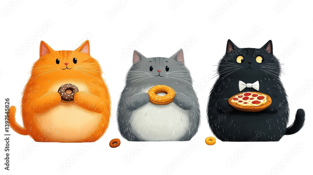 Three adorable cartoon cats with round bodies enjoying snacks, set against a colorful backdrop Three adorable cartoon cats with round bodies enjoying snacks, set against a colorful backdrop