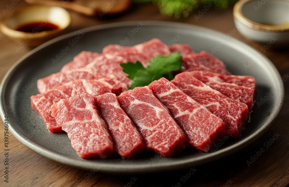 Raw Marinated Beef Slices Ready for Cooking on Plate Ready to Grill Raw Marinated Beef Slices Ready for Cooking on Plate Ready to Grill