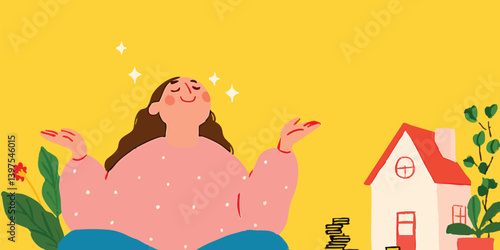 A blissful person envisions their dream home and financial success, surrounded by prosperity and harmony, celebrating the joy of new beginnings.