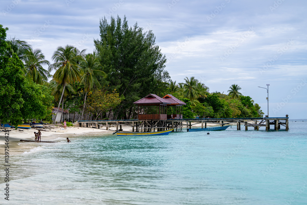 View of a tropical beach village with a wooden pier stretching into turquoise waters View of a tropical beach village with a wooden pier stretching into turquoise waters