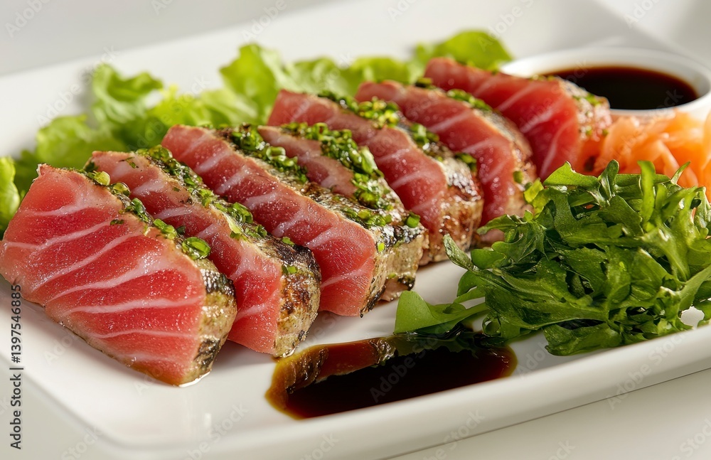 Seared Tuna Slices Served with Salad and Soy Sauce Dish Seared Tuna Slices Served with Salad and Soy Sauce Dish