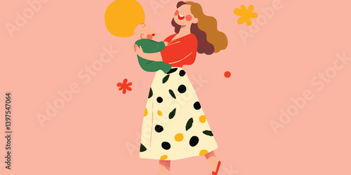 An illustrated depiction of motherhood depicts a mother lovingly cradling her baby. Symbolizing the warmth and happiness of family, this beautiful image with soft colors creates an intimate scene.