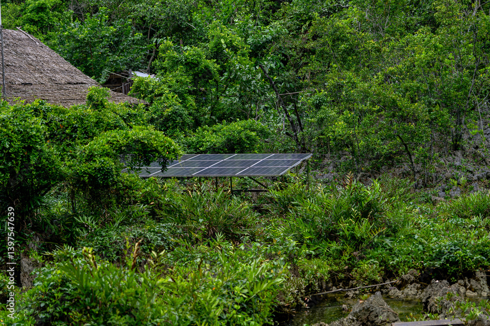 Fototapeta premium Solar panel setup nestled in vibrant jungle foliage near eco hut
