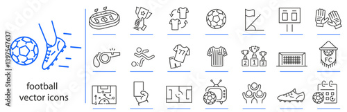 football icons, soccer icon set, sport game simple symbols, linear vector illustration, outline editable stroke