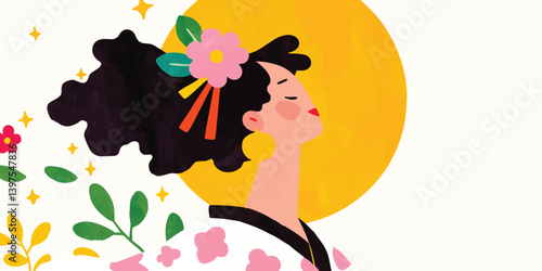 An illustrated woman enjoys the sun with flowers in her hair, her eyes closed in a state of bliss. The bright colors.