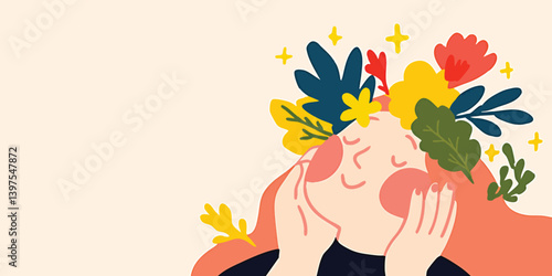A gentle illustration depicts a serene young woman. Her hair is adorned with a vibrant bouquet of blossoming floral elements, with a peaceful expression reflecting harmony and inner beauty. 