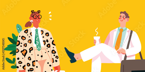 Stylish person and the man in white suit share a relaxed moment, captured in an illustrative style, with a lively palette of yellow.