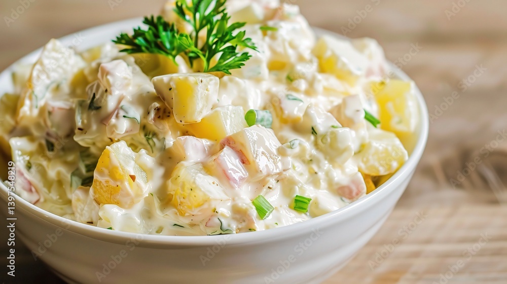 An appealing plate of Kartoffelsalat is attractively showcased. The Kartoffelsalat, a classic German potato salad, features an array of well - cooked, sliced potatoes An appealing plate of Kartoffelsalat is attractively showcased. The Kartoffelsalat, a classic German potato salad, features an array of well - cooked, sliced potatoes