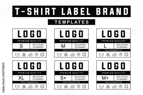 Customizable Unisex T-Shirt Label Brand Templates. Cotton Garment Tags with Sizes and Care Instructions