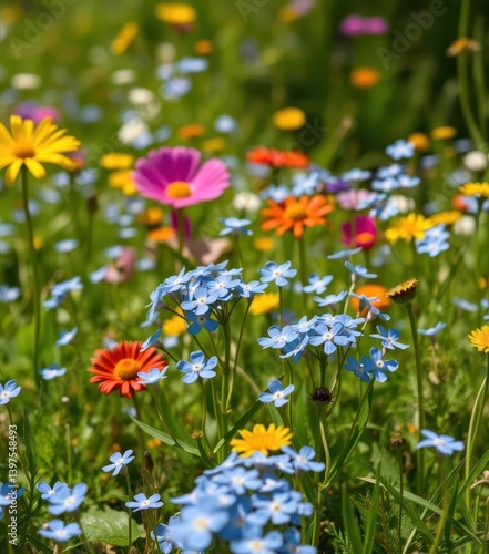 Vibrant blue forget-me-nots scattered amidst a sunlit meadow of wildflowers, nature background, plants
