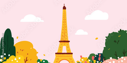The Eiffel Tower's Majestic Display in Paris. A stunning illustration depicting the iconic Eiffel Tower, showcasing its elegant design against a colorful sky, with lush green trees framing the view.