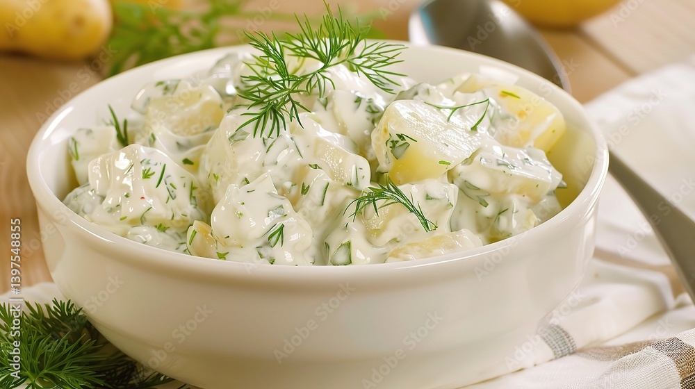 An appealing plate of Kartoffelsalat is attractively showcased. The Kartoffelsalat, a classic German potato salad, features an array of well - cooked, sliced potatoes An appealing plate of Kartoffelsalat is attractively showcased. The Kartoffelsalat, a classic German potato salad, features an array of well - cooked, sliced potatoes