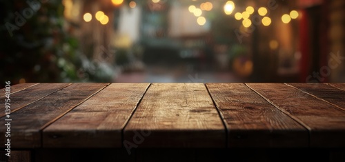 Empty wooden table top inviting guests in a charming coffee shop with warm lighting and a cozy atmosphere