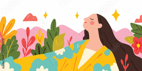A woman finds peace amidst the tranquility of nature, as she is depicted in a beautiful illustration and embraces the freshness of the air with serene pleasure.