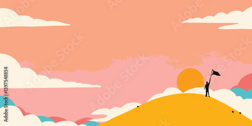 A silhouette of a person stands atop a hill, raising a flag in a cartoon-style, celebrating reaching a peak against a dreamy, vibrant sunset sky. 