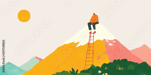 A figure seated atop a moun...