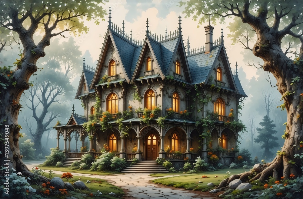 A gothic Victorian mansion, nestled in a mystical forest, glows warmly with lights in its many windows. Ivy climbs its walls, hinting at age and secrets. A gothic Victorian mansion, nestled in a mystical forest, glows warmly with lights in its many windows. Ivy climbs its walls, hinting at age and secrets.