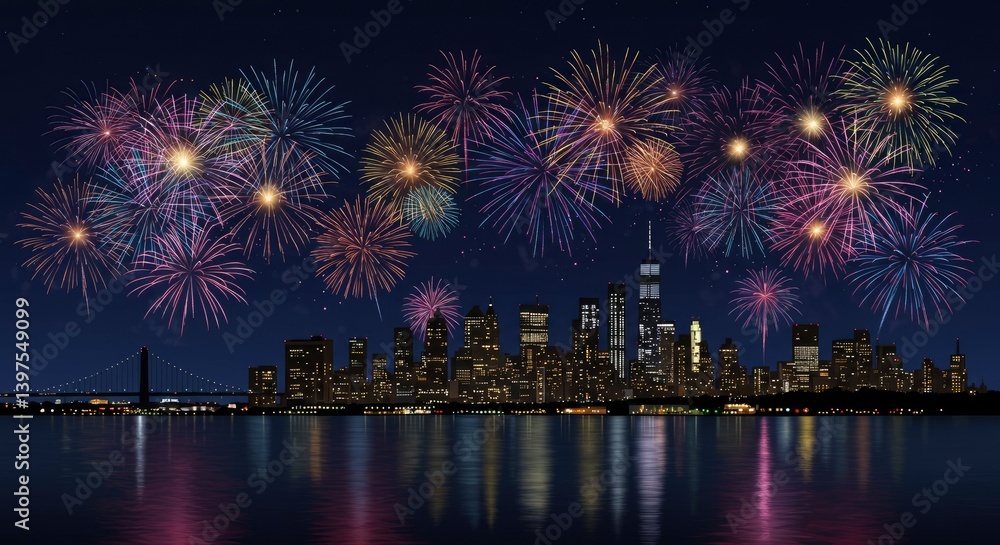 Obraz premium New York Skyline Fireworks Celebration at Night