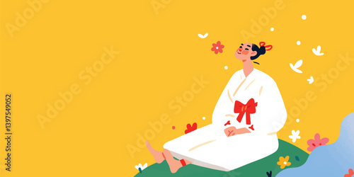 A serene woman in traditional attire is seated, surrounded by flowers and birds, bathed in a soft, inviting light. The minimalist, modern design radiates peace, mindfulness.