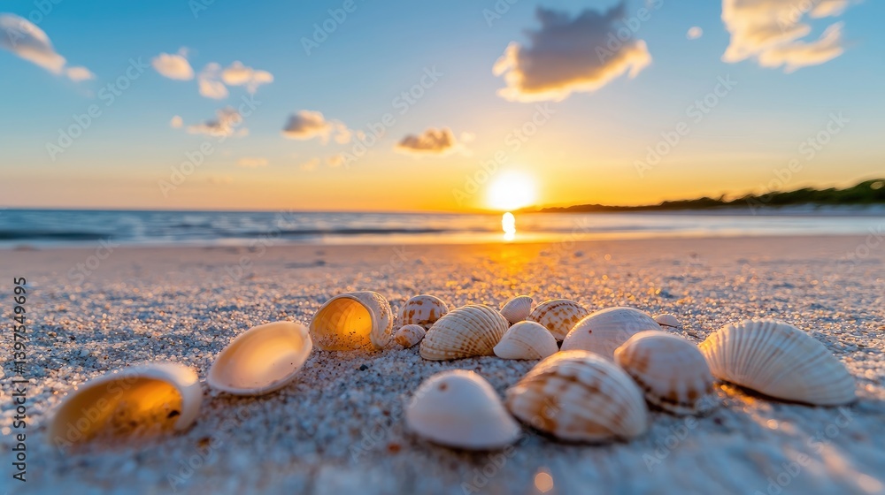 Beautiful Sunset Over Sandy Beach with Seashells in Foreground Beautiful Sunset Over Sandy Beach with Seashells in Foreground