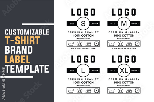 Unisex T-Shirt Label Tag Template Set with Size Variants and Care Instructions. Editable Clothing Branding Design
