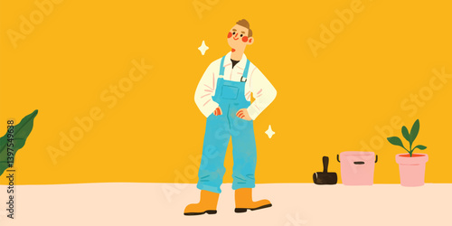 A confident gardener stands with arms akimbo, adorned in work overalls, against a bright yellow backdrop. Representing a dedicated horticulturist, a passion for plants, and gardening.