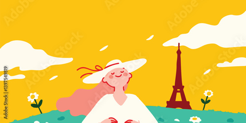 A whimsical illustration of a woman enjoying a Parisian-inspired day, with the Eiffel Tower in the background and a vibrant, artistic touch.