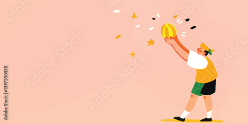 An abstract, fun illustration captures a figure joyfully tossing a golden ball into the air, symbolizing achievement and celebration. It's playful and dynamic.