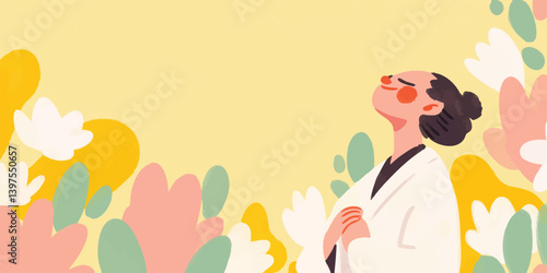 A woman in a white robe stands amidst vibrant, stylized flora, radiating tranquility and joy. Her gaze is lifted to the sky, symbolizing hope, gratitude, and spiritual connection.